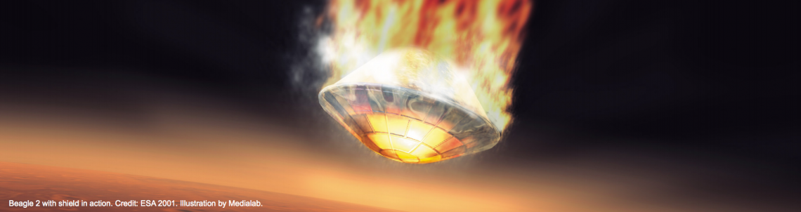 Tucked away in its entry shell, Beagle 2 descends onto Mars. Tucked away in its entry shell, Beagle 2 descends onto Mars.